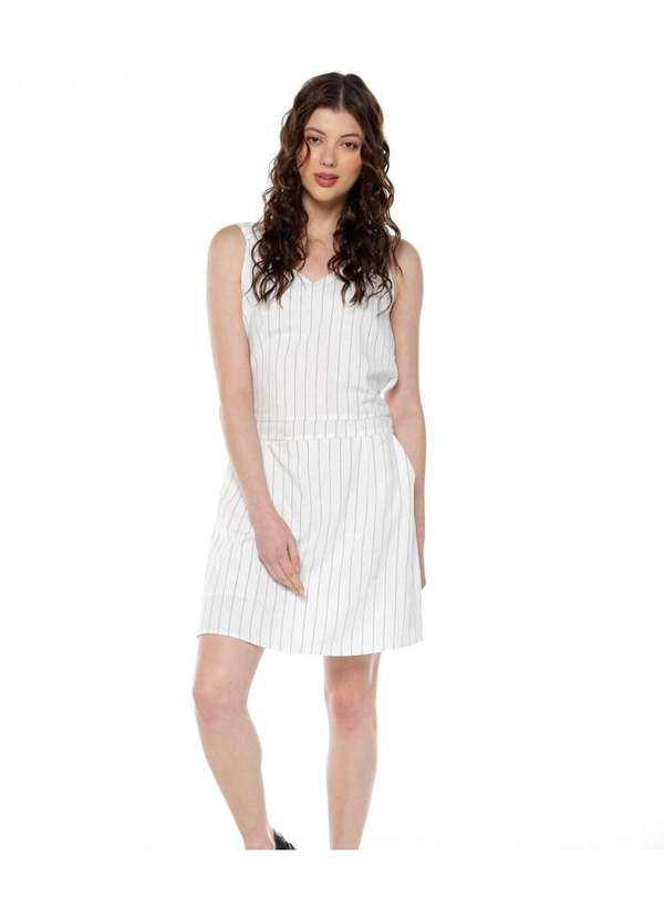 Sob - Vestido de Algodão Listrado Risca de Giz com Bolsos Branco 3