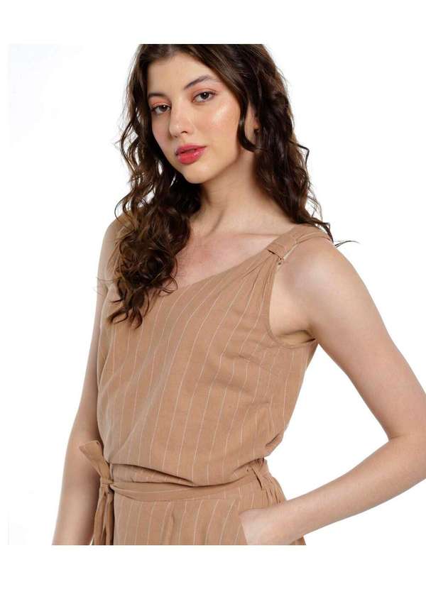 Sob - Vestido de Algodão Listrado Risca de Giz com Bolsos Bege 2