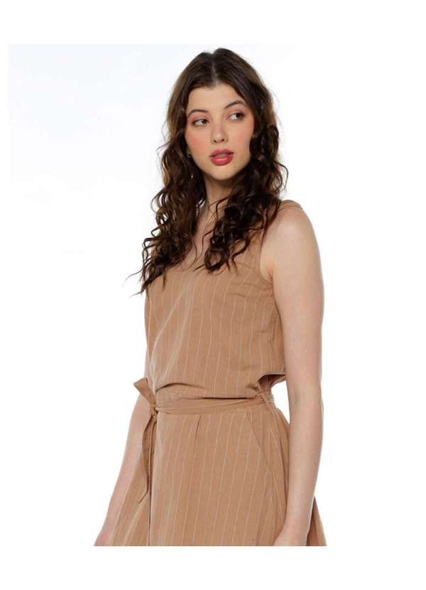 Sob - Vestido de Algodão Listrado Risca de Giz com Bolsos Bege 5