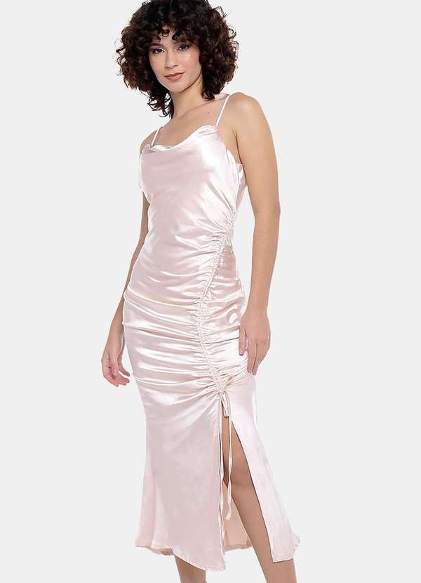 Sob - Vestido de Festa Cetim Toque de Seda Drapeado - Bege