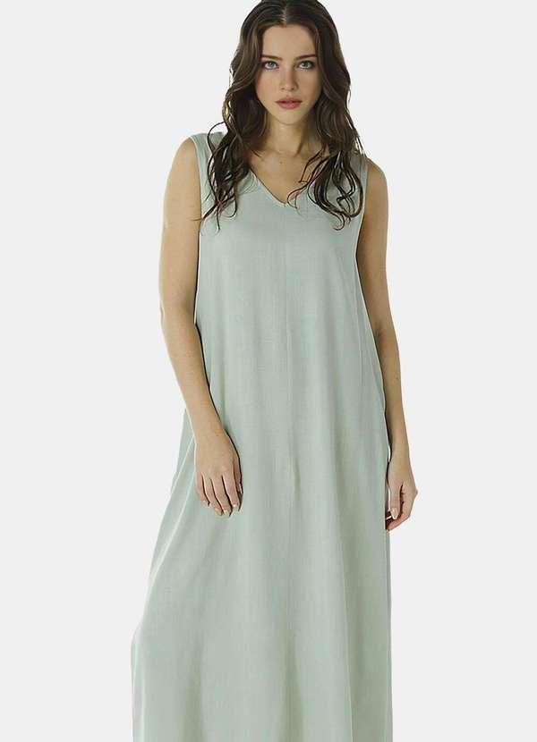 Sob - Vestido Longo de Linho Verde Gola V com Bolsos Sob - Verde 3