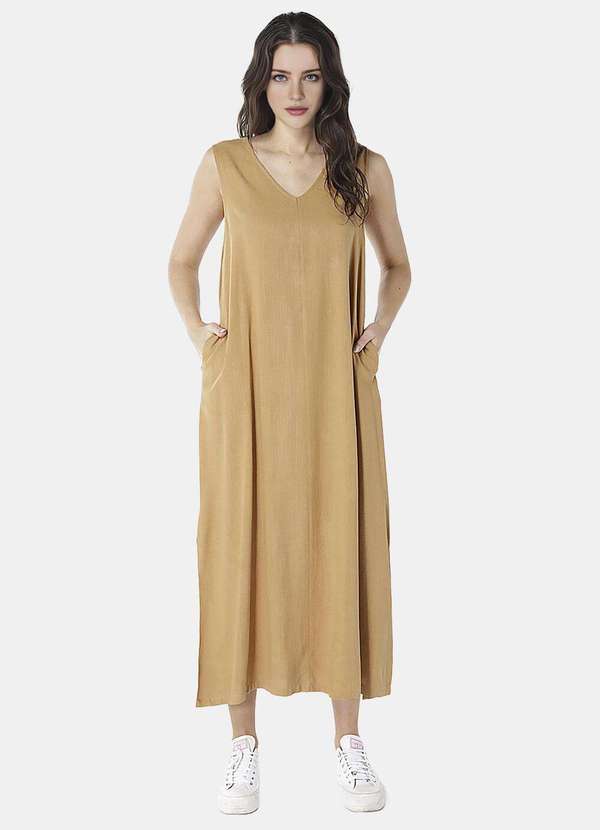 Sob - Vestido Longo de Linho Terracota Gola V com Bolsos Sob - Marrom