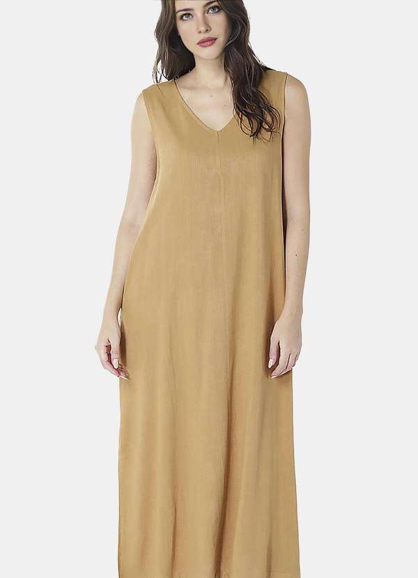 Sob - Vestido Longo de Linho Terracota Gola V com Bolsos Sob - Marrom 3