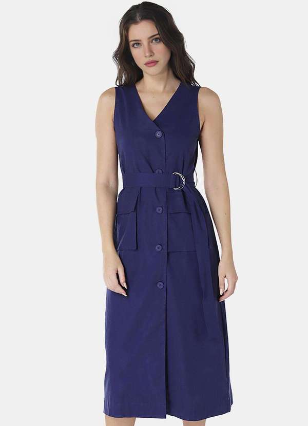 Sob - Vestido de Linho Midi Azul Marinho Decote V Transpassado Azul 3