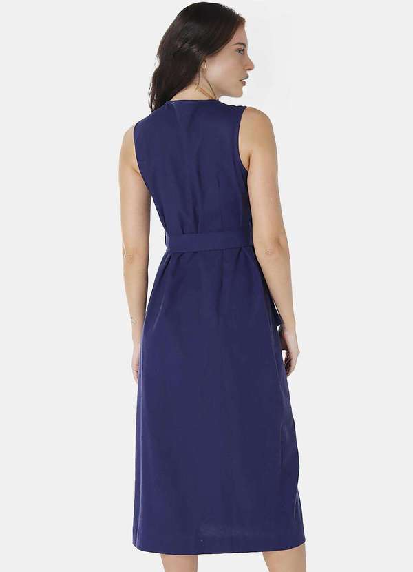 Sob - Vestido de Linho Midi Azul Marinho Decote V Transpassado Azul 4