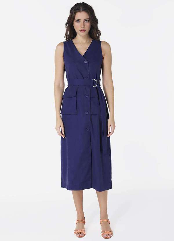 Sob - Vestido de Linho Midi Azul Marinho Decote V Transpassado Azul 5