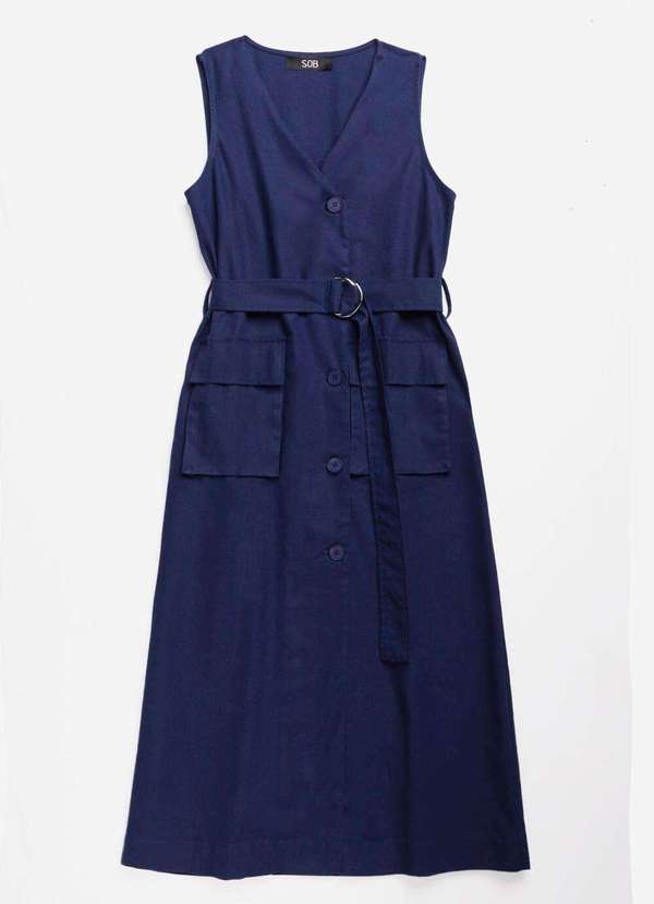 Sob - Vestido de Linho Midi Azul Marinho Decote V Transpassado Azul 6