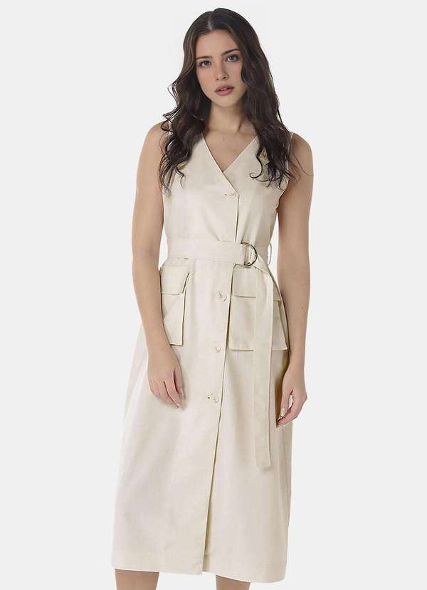 Sob - Vestido de Linho Midi Bege Areia Decote V Transpassado Bege