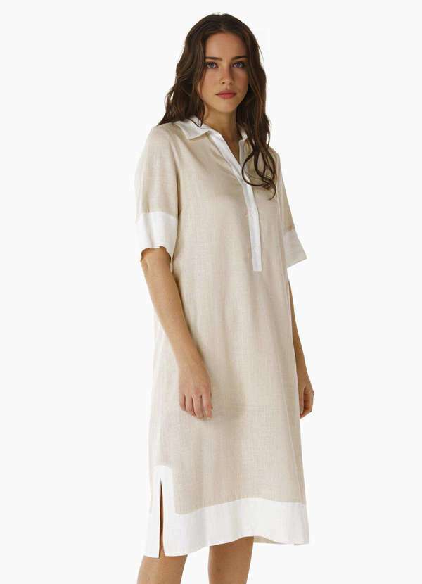 Sob - Vestido de Linho Midi Bege/Off Mangas Curtas Solto com Bolsos - Bege