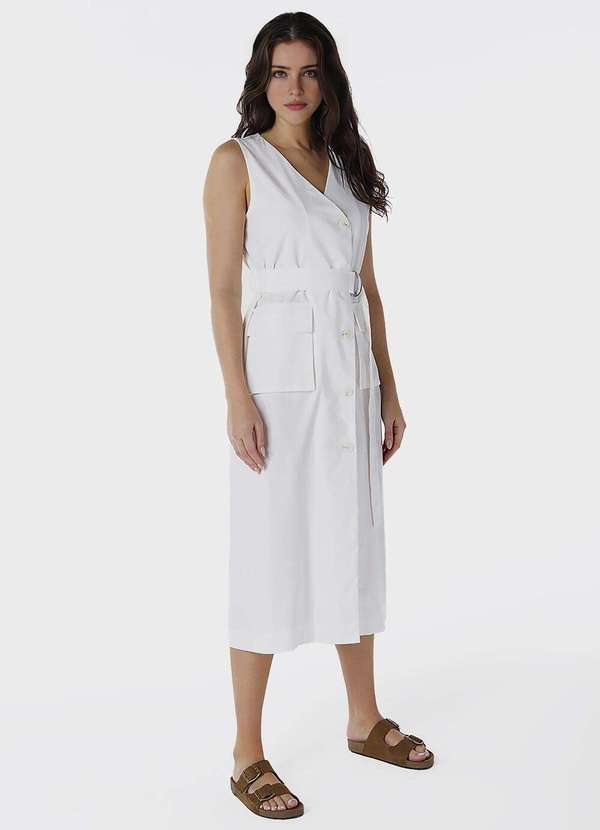 Sob - Vestido de Linho Midi Branco Decote V Transpassado Branco 2
