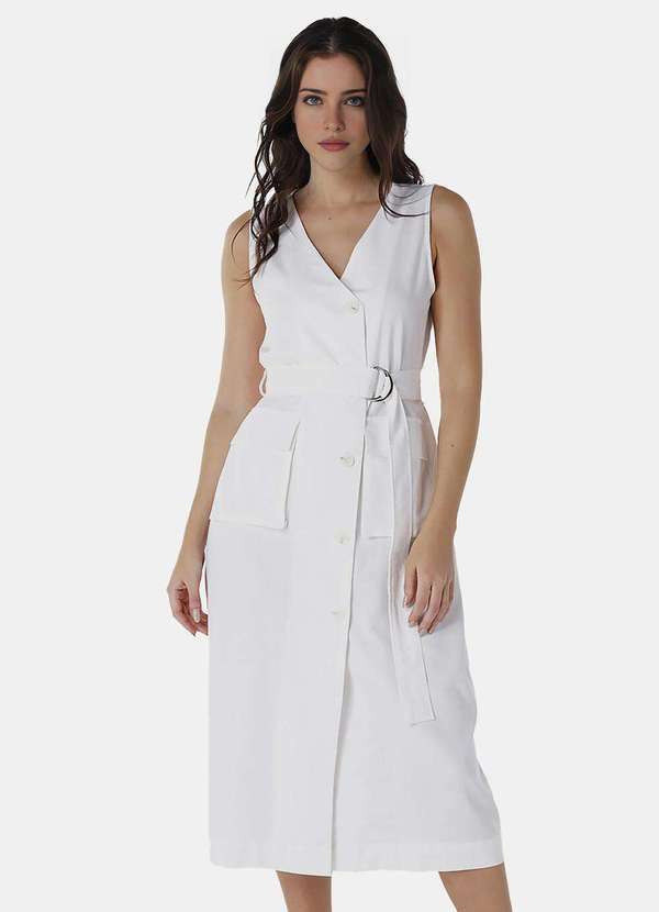 Sob - Vestido de Linho Midi Branco Decote V Transpassado Branco 3