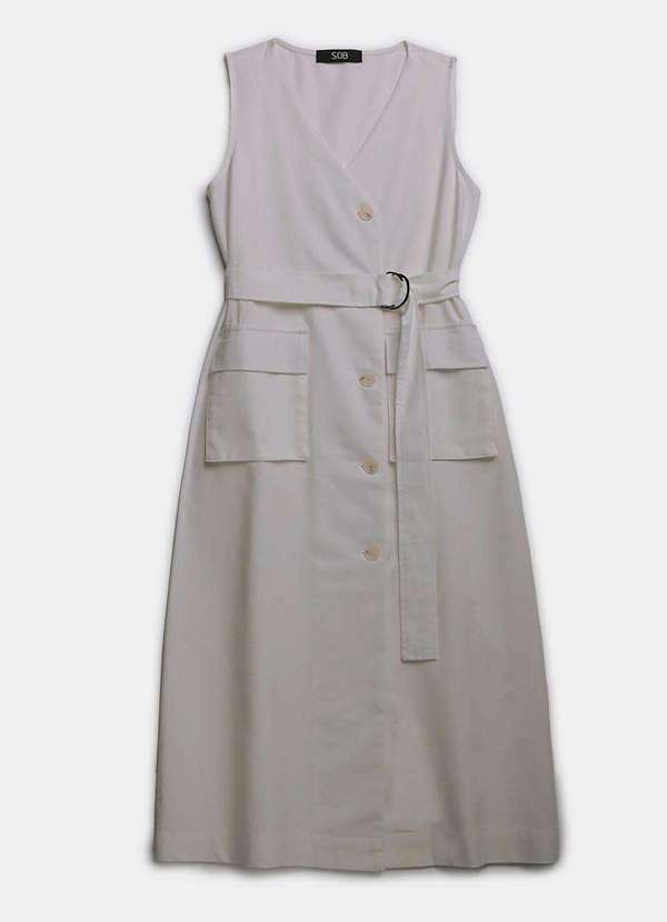 Sob - Vestido de Linho Midi Branco Decote V Transpassado Branco 6