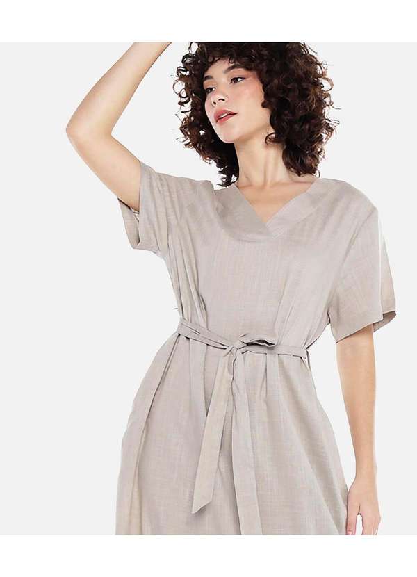 Sob - Vestido de Linho Midi com Bolsos Manga Curta Marrom 2