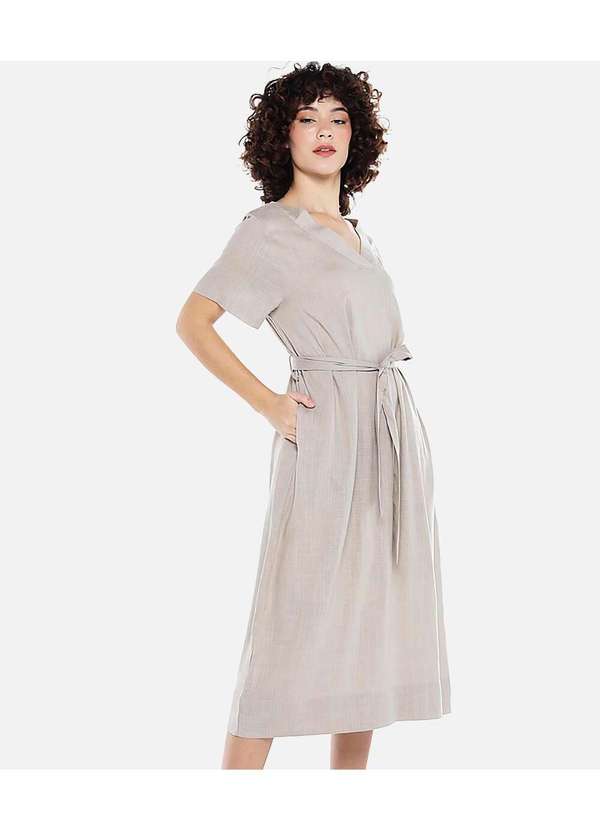 Sob - Vestido de Linho Midi com Bolsos Manga Curta Marrom 3