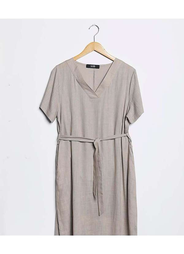 Sob - Vestido de Linho Midi com Bolsos Manga Curta Marrom 6