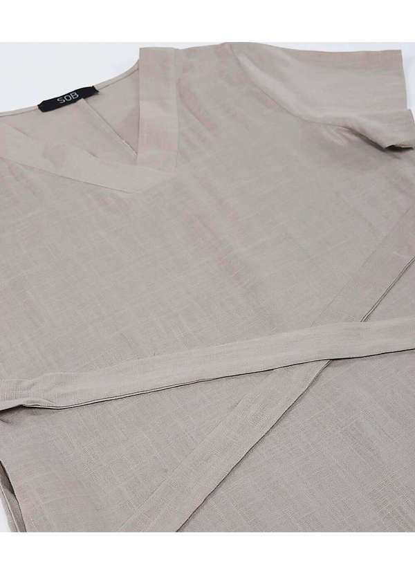 Sob - Vestido de Linho Midi com Bolsos Manga Curta Marrom 7