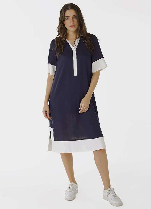 Sob - Vestido de Linho Midi Marinho/Off Mangas Curtas Solto com - Azul