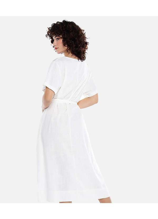 Sob - Vestido de Linho Off-White Midi com Bolsos Manga Curta Sob Branco 5