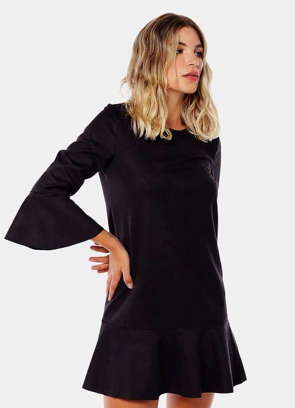 Sob - Vestido de Suede Preto com Mangas 3/4 Sob - Preto