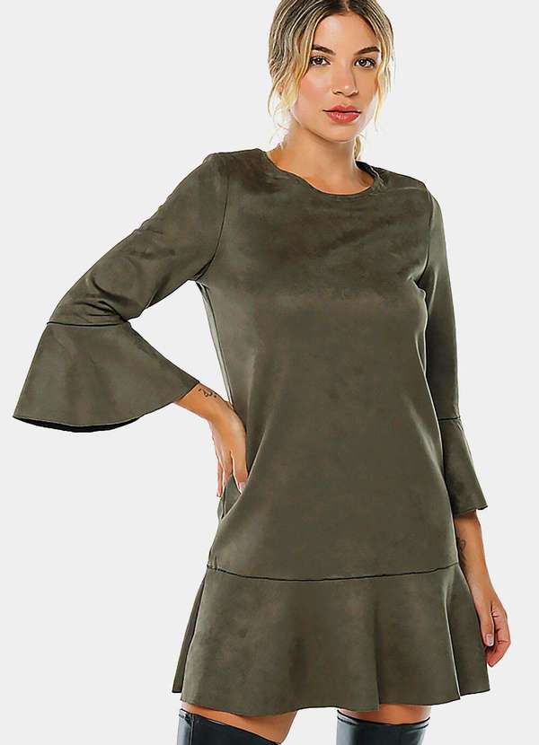 Sob - Vestido de Suede Verde Militar com Mangas 3/4 Sob - Verde