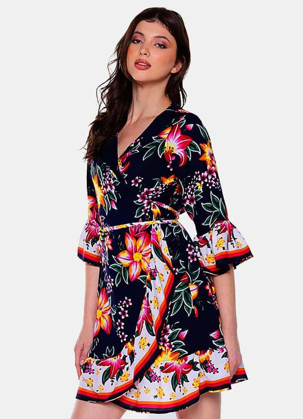 Sob - Vestido Estampado com Mangas Transpassado Sob Marinho - Azul