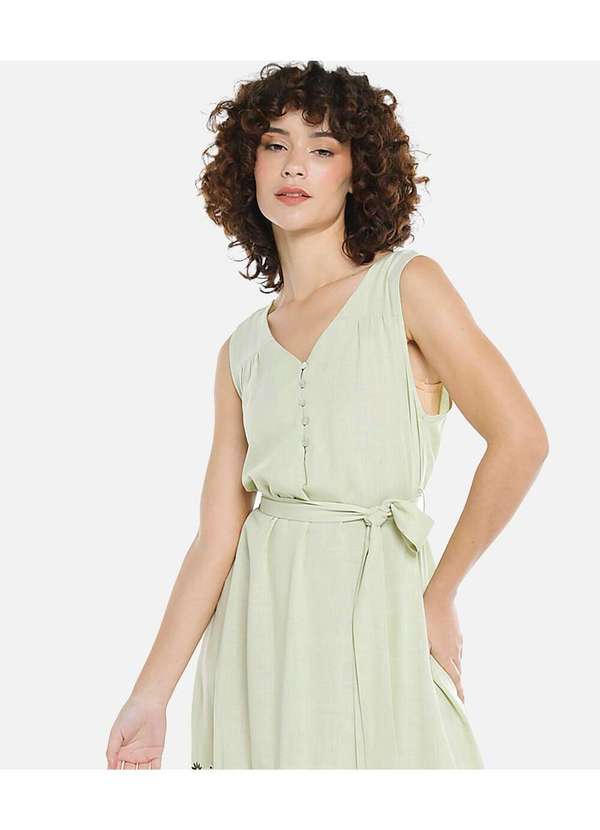 Sob - Vestido Gola V Verde com Barra Bordada em Azul Verde