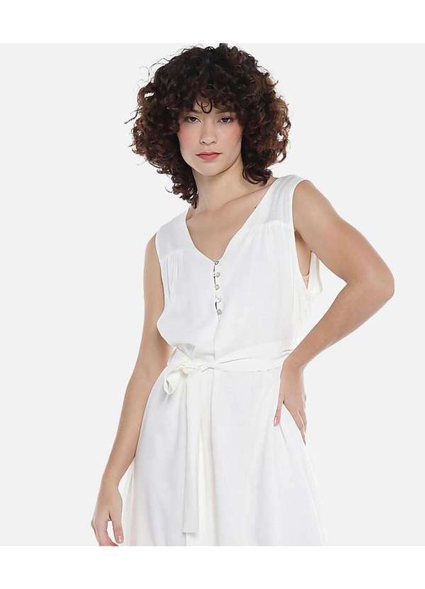 Sob - Vestido Gola V com Barra Bordada Azul Forrado Branco