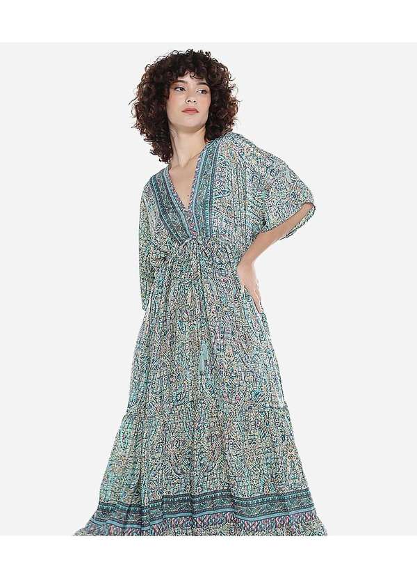 Sob - Vestido Longo com Manga Estampado Verde