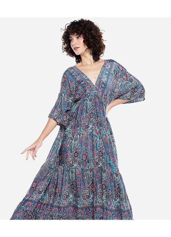 Sob - Vestido Longo com Manga Estampado Azul