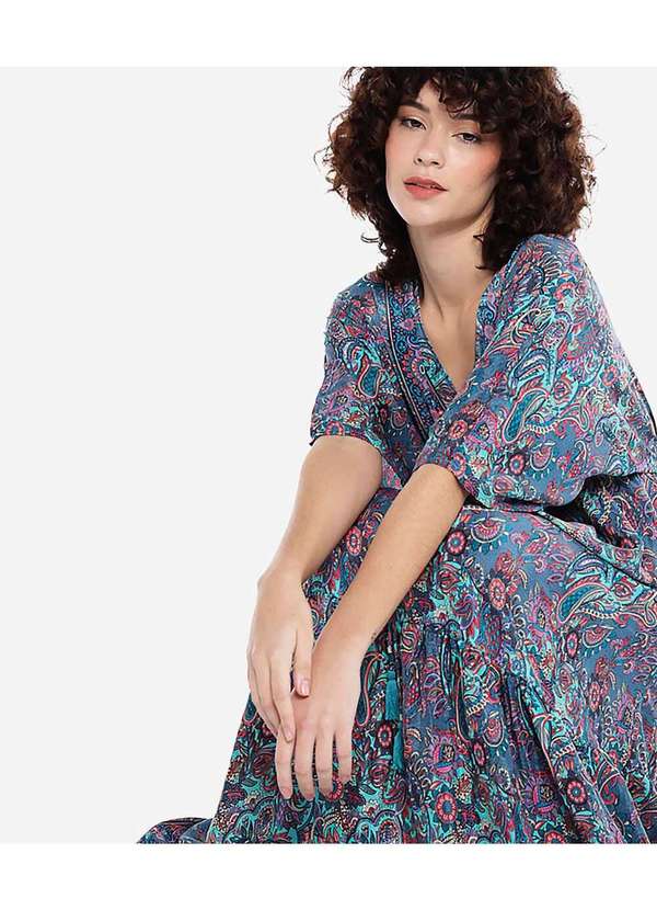 Sob - Vestido Longo com Manga Estampado Azul 2