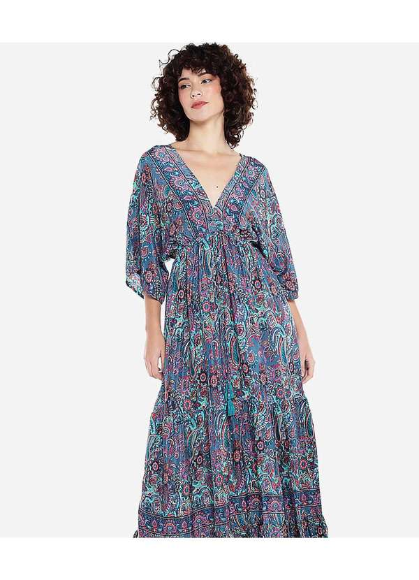 Sob - Vestido Longo com Manga Estampado Azul 3