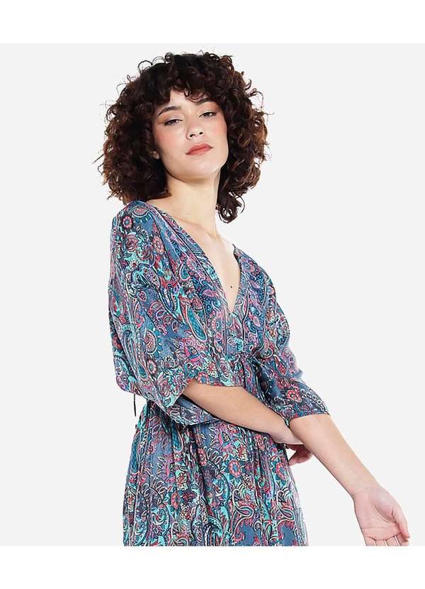 Sob - Vestido Longo com Manga Estampado Azul 4
