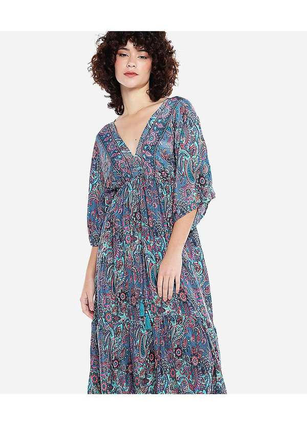 Sob - Vestido Longo com Manga Estampado Azul 5
