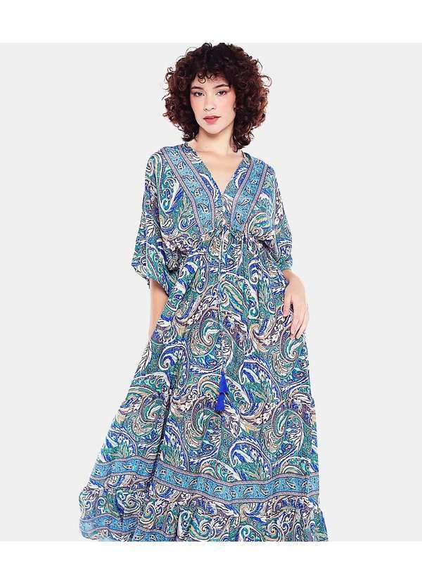 Sob - Vestido Longo com Manga Estampado - Azul