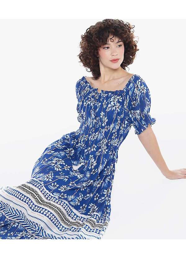 Sob - Vestido Longo com Mangas em Algodão com Lurex Azul Marinho 2