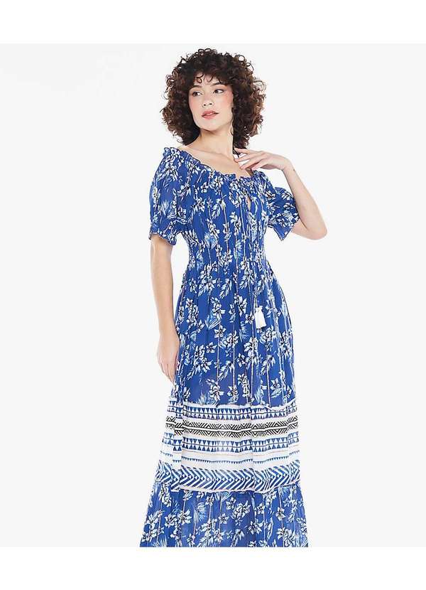 Sob - Vestido Longo com Mangas em Algodão com Lurex Azul Marinho 3