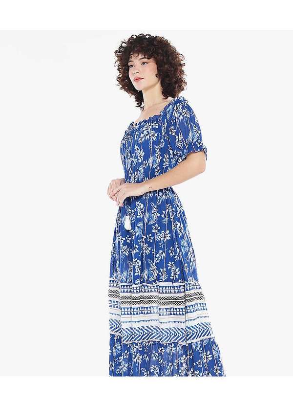 Sob - Vestido Longo com Mangas em Algodão com Lurex Azul Marinho 5