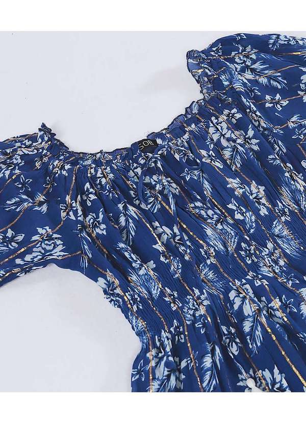 Sob - Vestido Longo com Mangas em Algodão com Lurex Azul Marinho 6