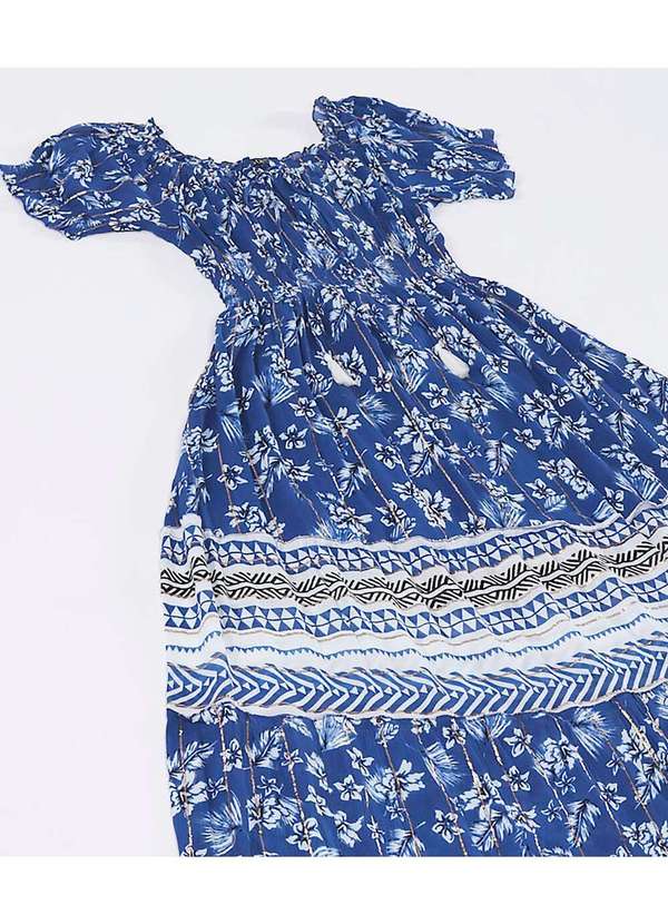 Sob - Vestido Longo com Mangas em Algodão com Lurex Azul Marinho 7