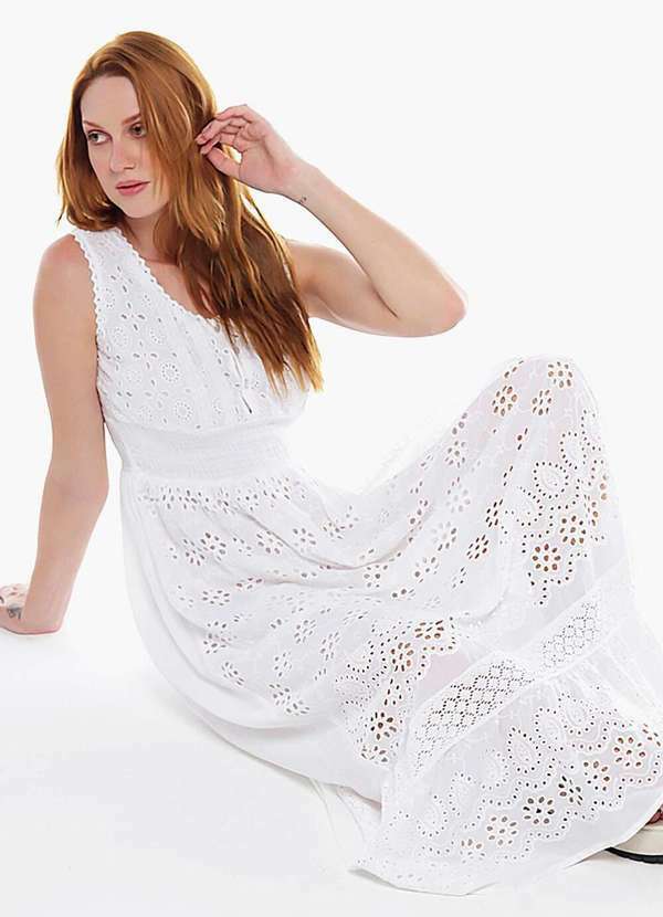 Sob - Vestido Longo de Laise em Algodão Alças Largas - Branco