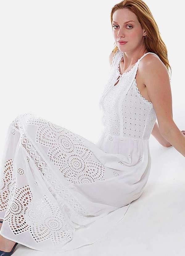 Sob - Vestido Longo de Laise em Algodão Saia Bordada - Branco