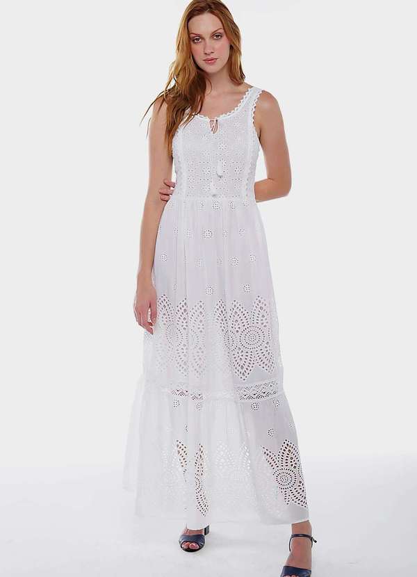 Sob - Vestido Longo de Laise em Algodão Saia Bordada - Branco 2