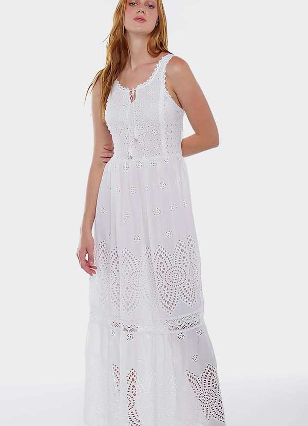 Sob - Vestido Longo de Laise em Algodão Saia Bordada - Branco 3