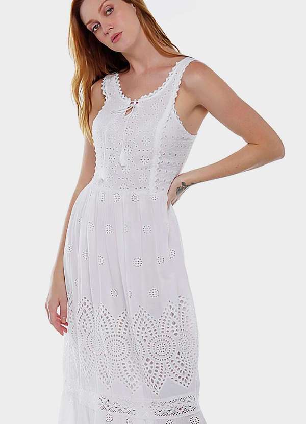 Sob - Vestido Longo de Laise em Algodão Saia Bordada - Branco 4