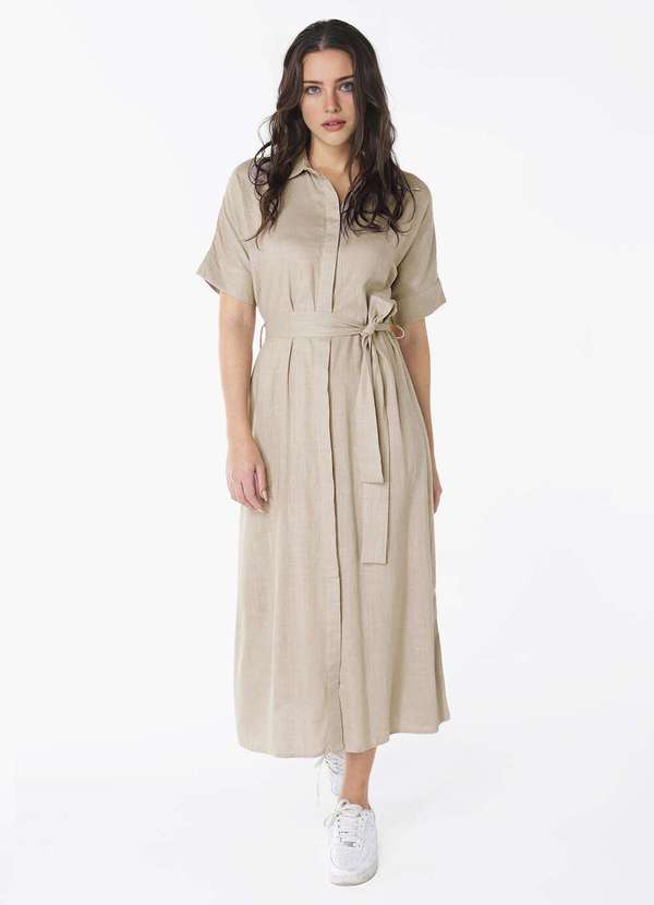 Sob - Vestido Longo de Linho Bege Mocca Chemise Manga Curta Sob Bege 1