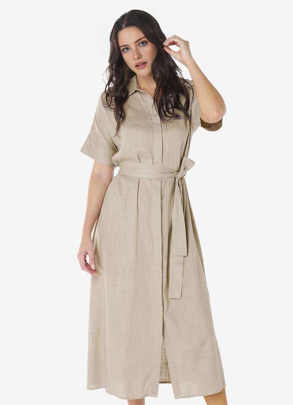 Sob - Vestido Longo de Linho Bege Mocca Chemise Manga Curta Sob Bege 2