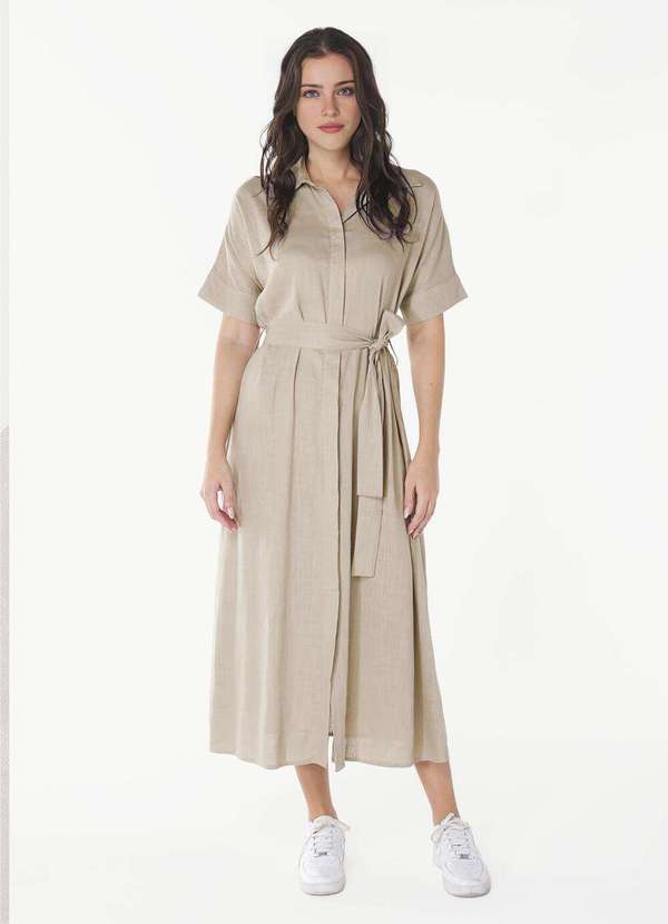 Sob - Vestido Longo de Linho Bege Mocca Chemise Manga Curta Sob Bege 3