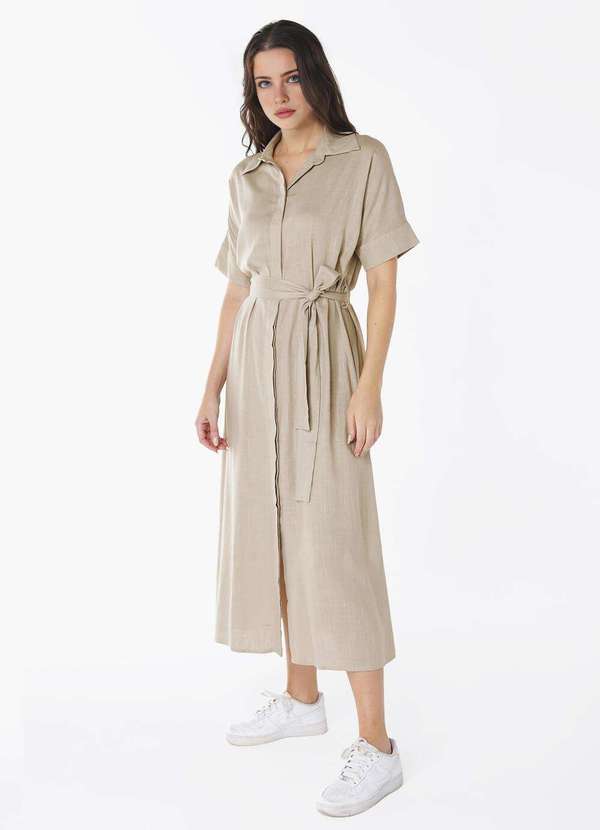 Sob - Vestido Longo de Linho Bege Mocca Chemise Manga Curta Sob Bege 4