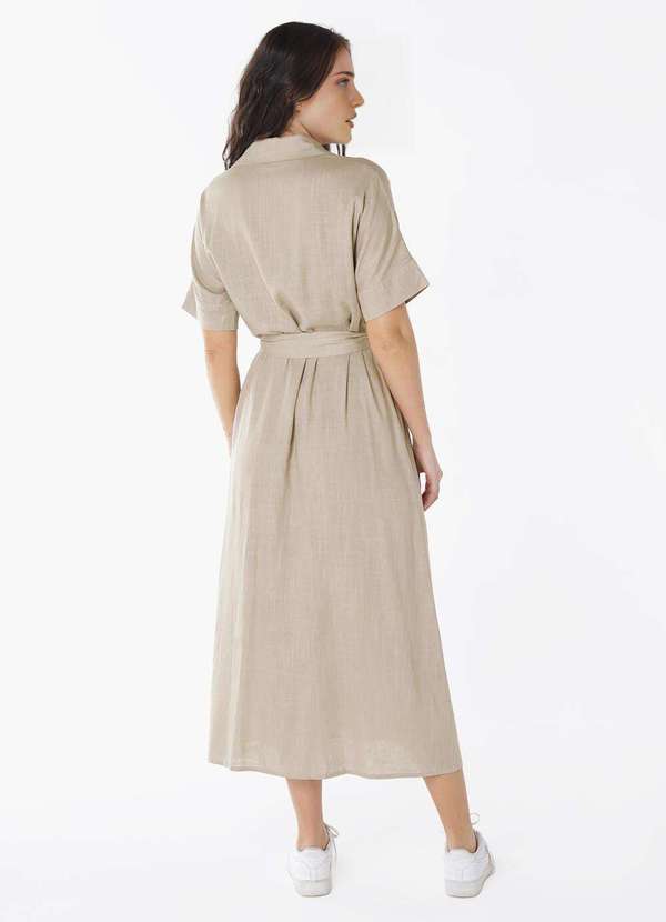 Sob - Vestido Longo de Linho Bege Mocca Chemise Manga Curta Sob Bege 5