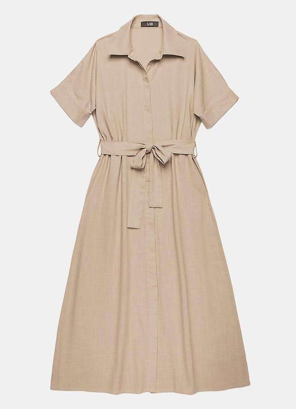 Sob - Vestido Longo de Linho Bege Mocca Chemise Manga Curta Sob Bege 6